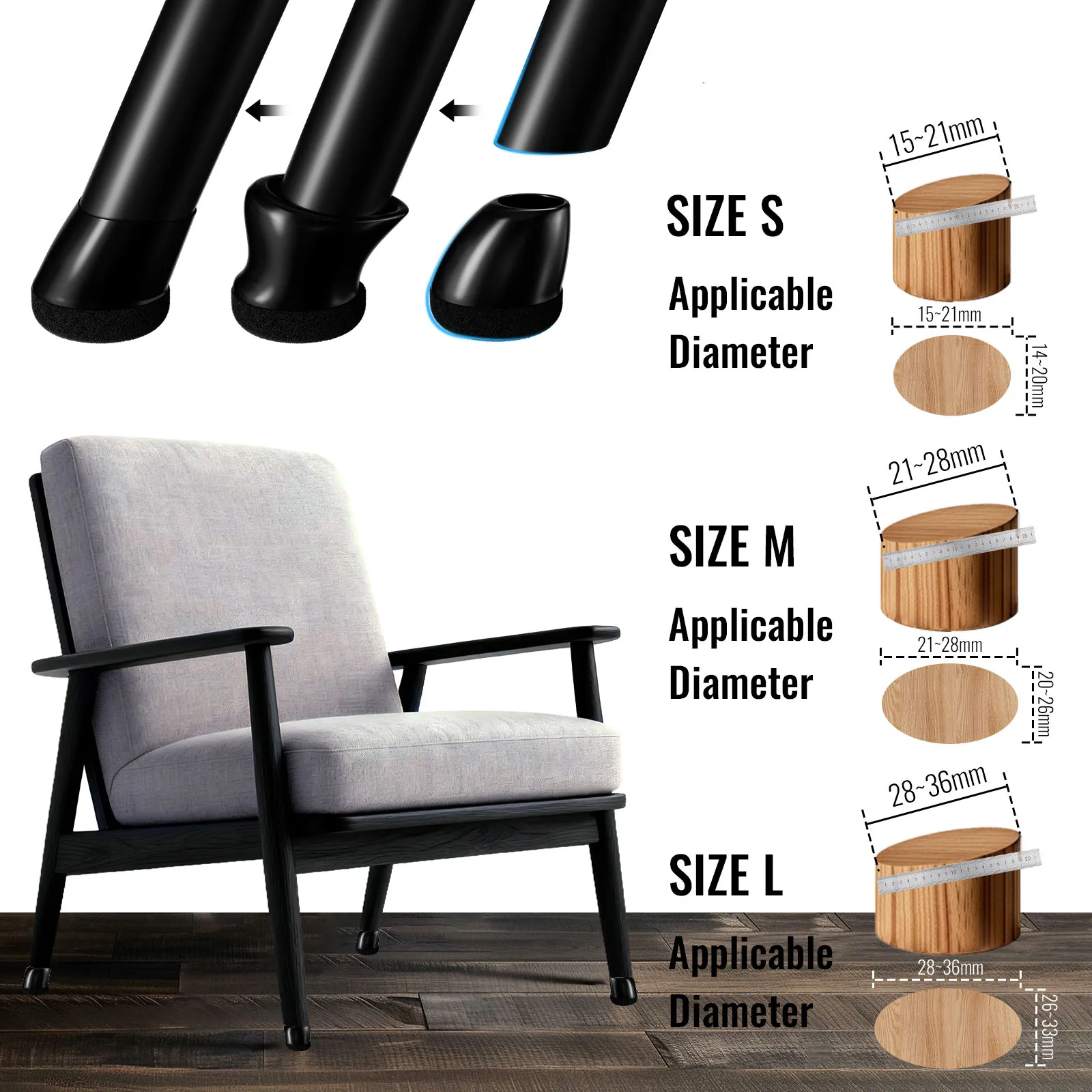 16 قطعة من واقيات أرجل الكرسي من السيليكون، أغطية أقدام أثاث مستديرة لـ 15 عامًا ° -25 °   أرجل كرسي بزاوية لحماية الأرضيات الصلبة