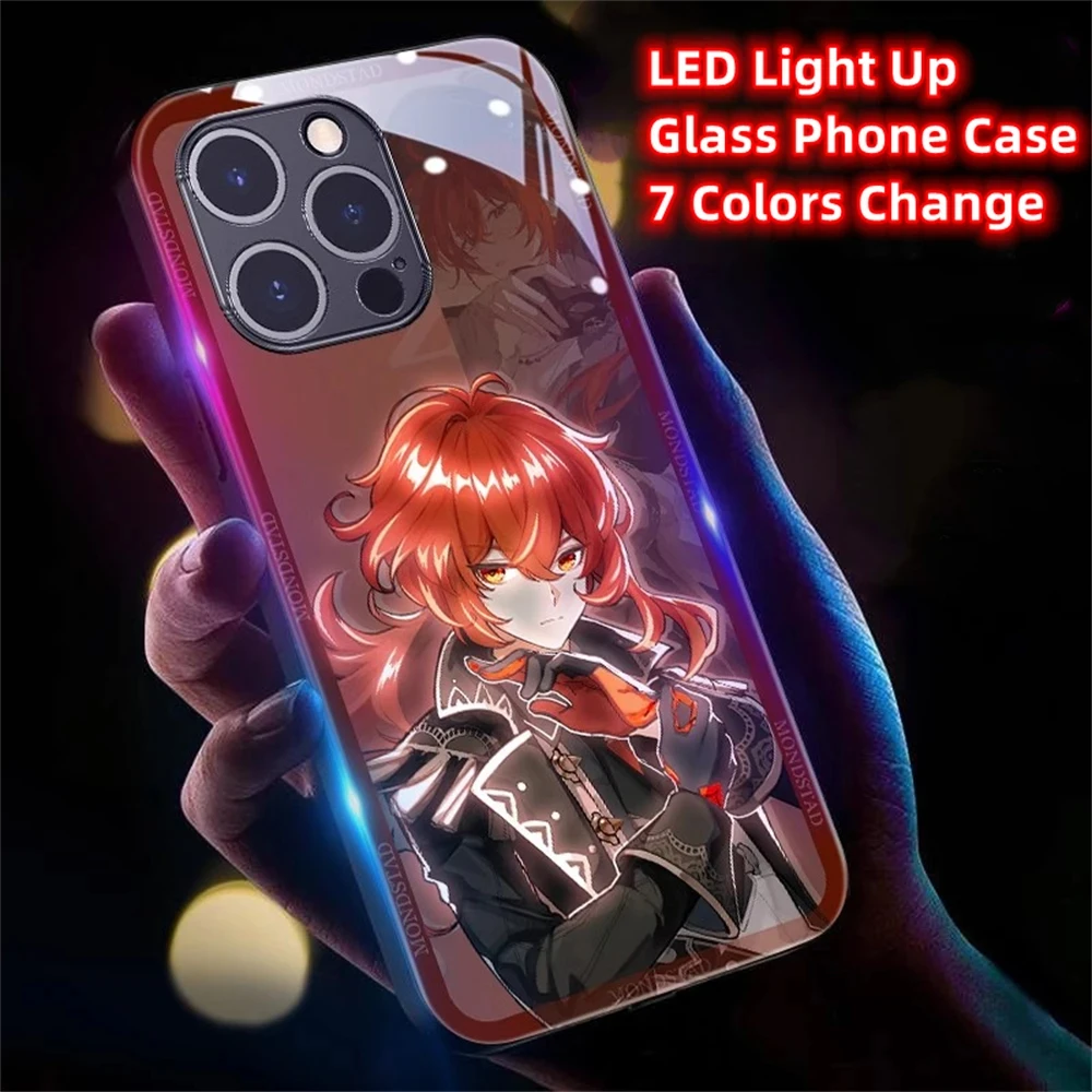 Top Game Role Genshin Impact Smart Voice Controlled LED Light Phone Case For iPhone 16 15 14 13 12 11 Pro Max X XR XS 7 8 Plus