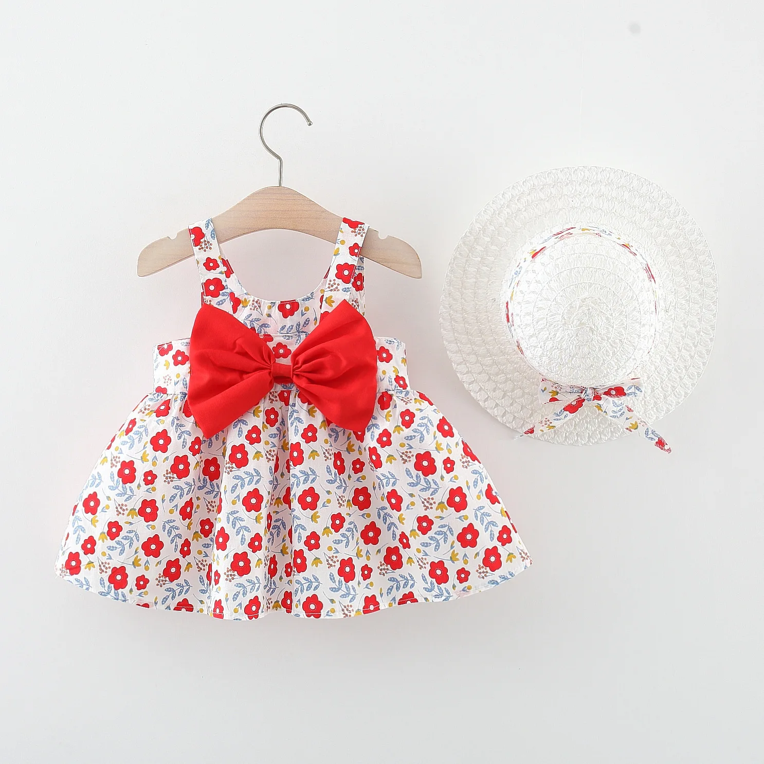 Summer Baby Dress And Sunshade Hat 2/Piece Set With Bow Tie Suspender Dress For Girls Summer Floral Clothing