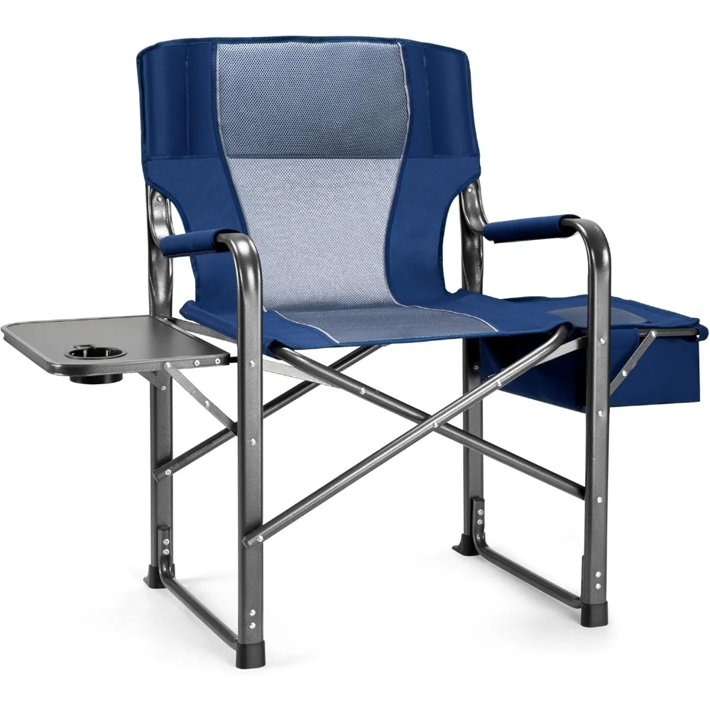 كرسي مدير التخييم المحمول القابل للطي كبير الحجم للبالغين مع طاولة جانبية وحقيبة تبريد شديدة التحمل لصيد الأسماك على الشاطئ في الهواء الطلق