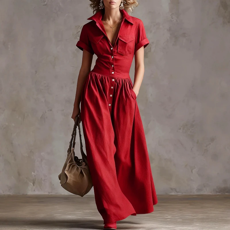 2026 Summer New Style Solid Color Fashion Women's Long-Sleeved Midi Dress - Exquisitely Shaping, Buttoned One-Piece Set