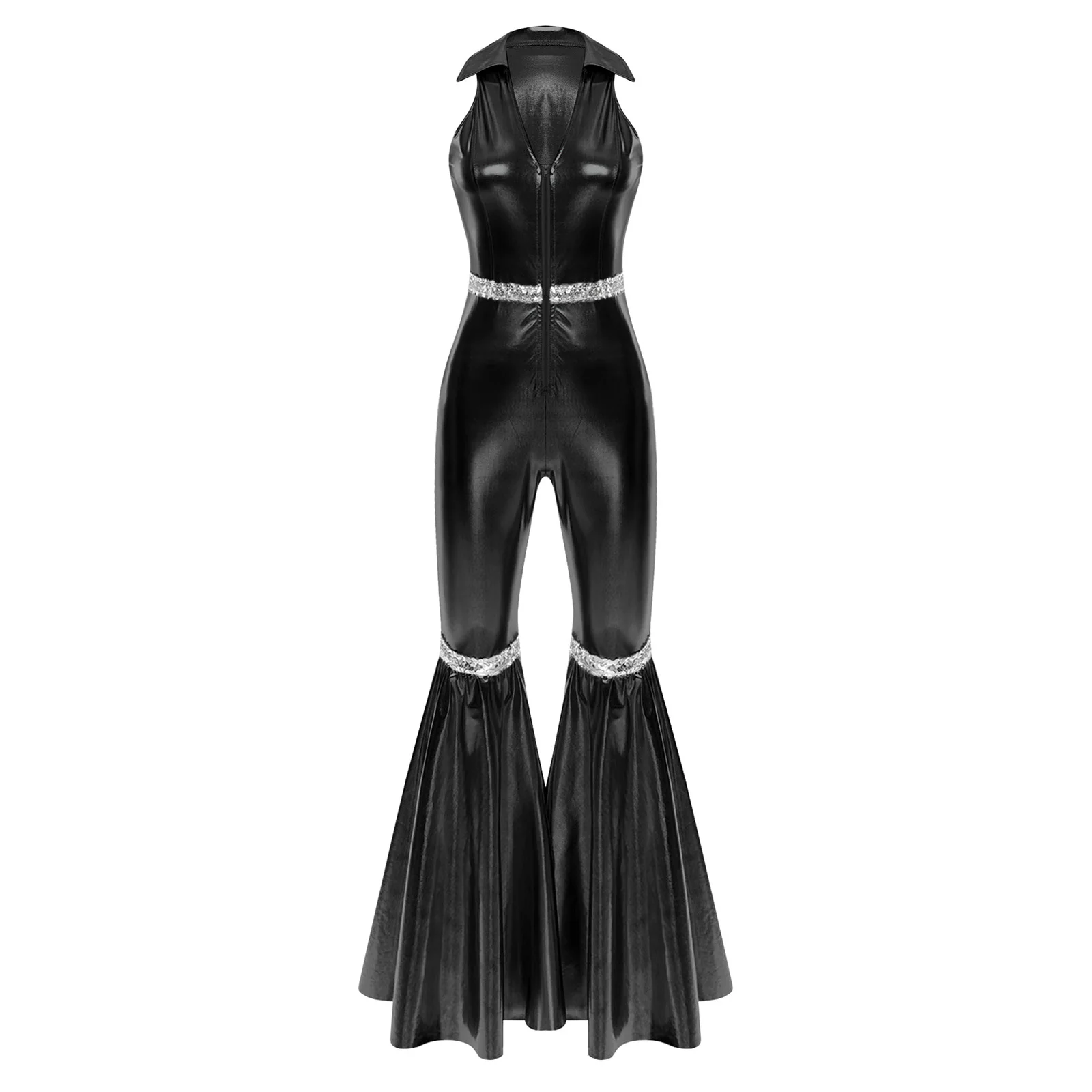 

Women 70s Disco Jazz Tap Ballroom Dance Performance Jumpsuit Shiny Sleeveless Slim Fit Bodysuits Retro Party Jazz Dance Outfits