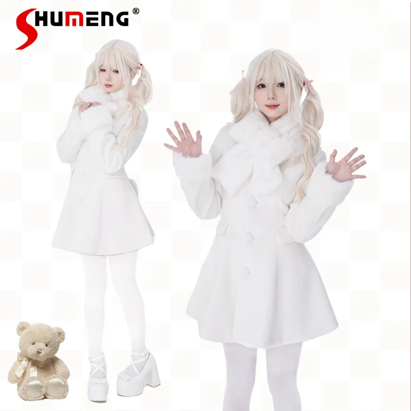 Sweet Lolita Mid-Length Jackets 2025 Autumn and Winter New Women's Slim Long Sleeve Elegant Princess Girls Overcoat with Scarf