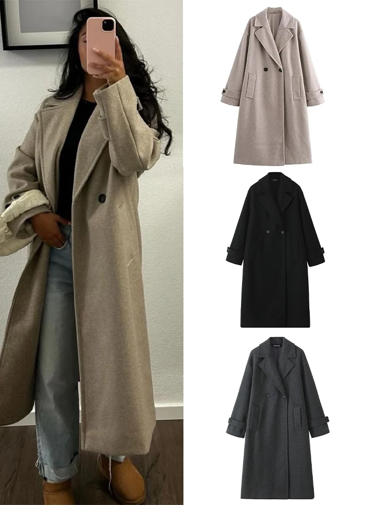 

TRAFZA 2024 Autumn Woman Solid Casual Loose Overcoat Women Overcoat Double Breasted Turn-down Collar Pocket Design Coats