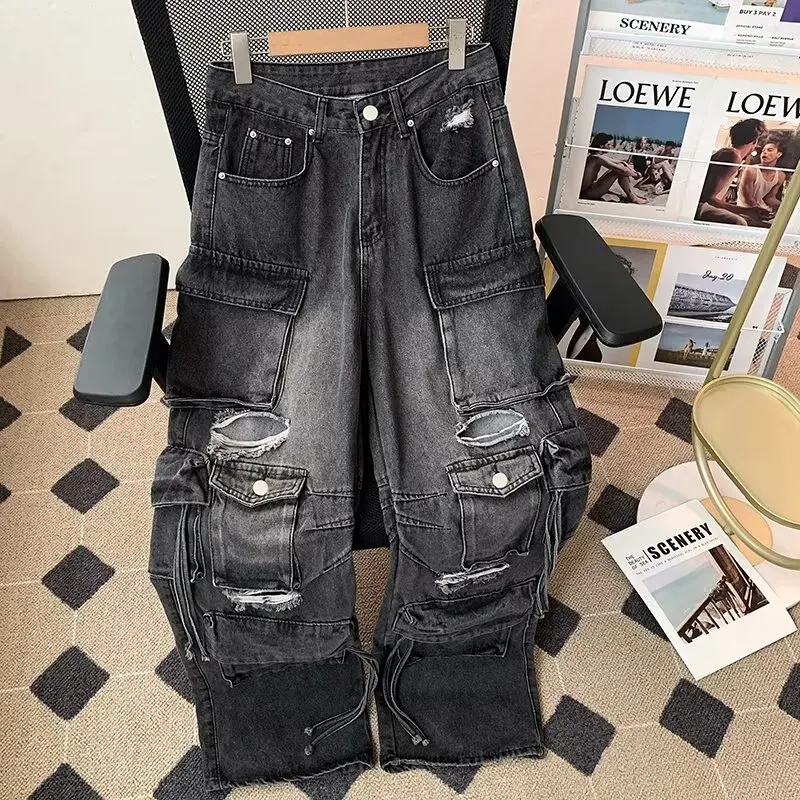 

Loose Straight Leg Men's Workwear Jeans Summer Large Size 250 Pou Multiple kets Logging Design Casual Loose Wide Leg Jeans