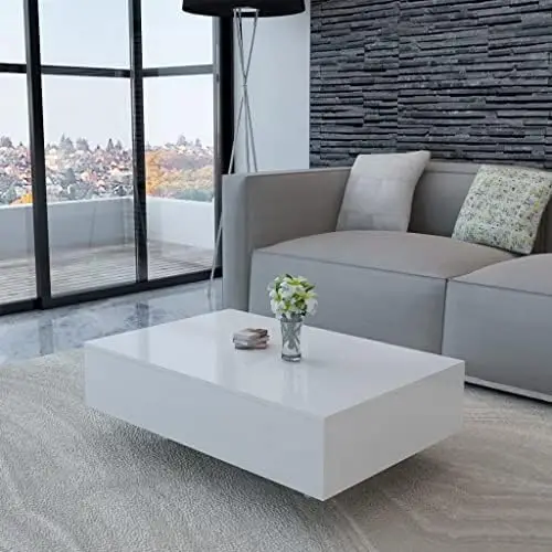 Modern Coffee Table In High Gloss White - Rectangular Table For Living Room, Easy To Clean Mdf, 33.5"" X 21.7"" X 12.2""