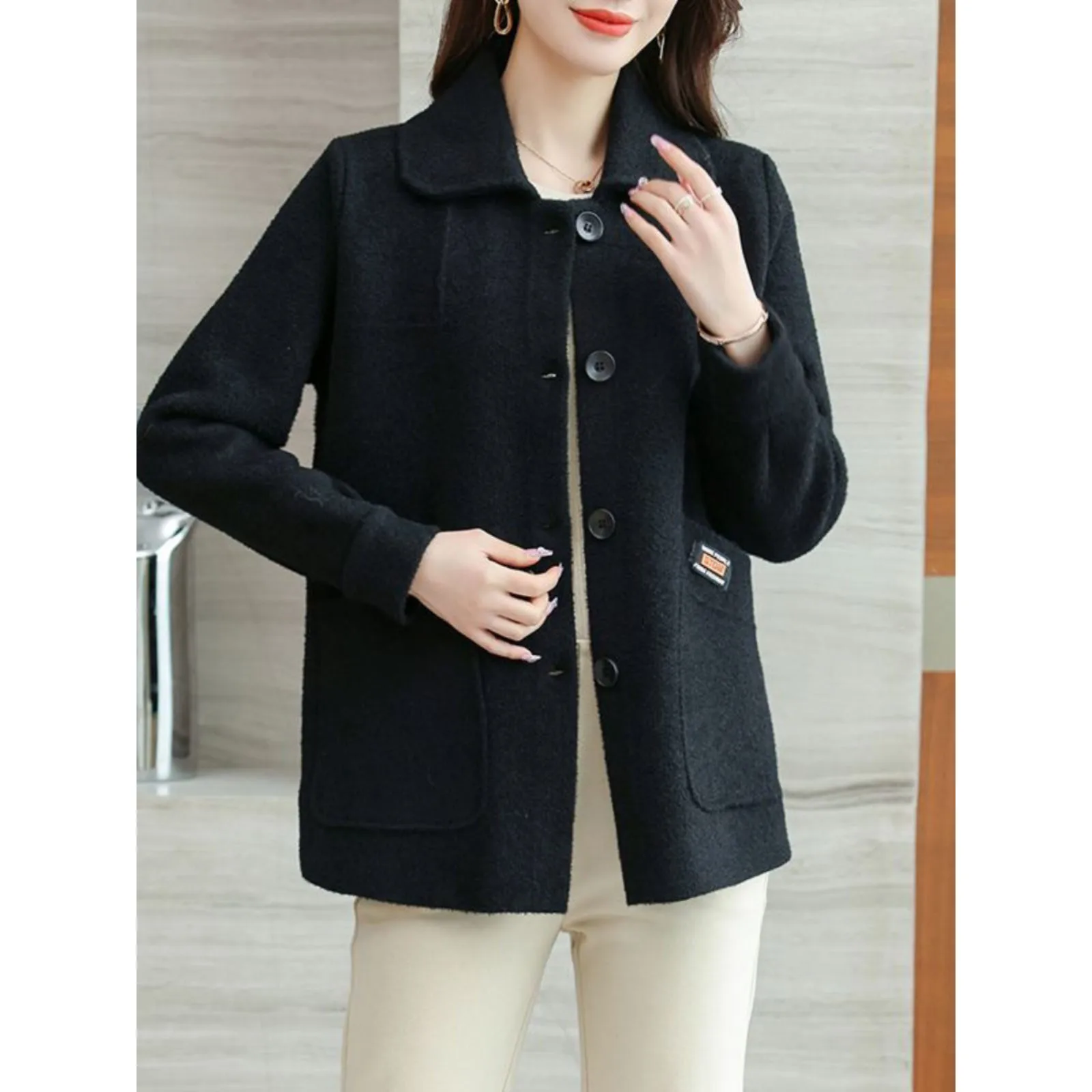 Women Short Wool Jacket New Spring Autumn Korean Loose Double-sided Woolen Coat Middle Aged Elderly Mother Cardigan Overcoat