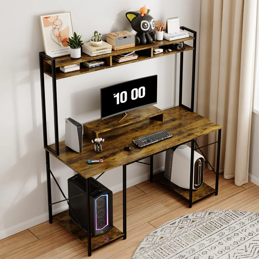 Brauner Vintage-Schreibtisch 120 x 60 x 162 cm, Schreibtisch mit Stauraum, Computertisch mit Regalen