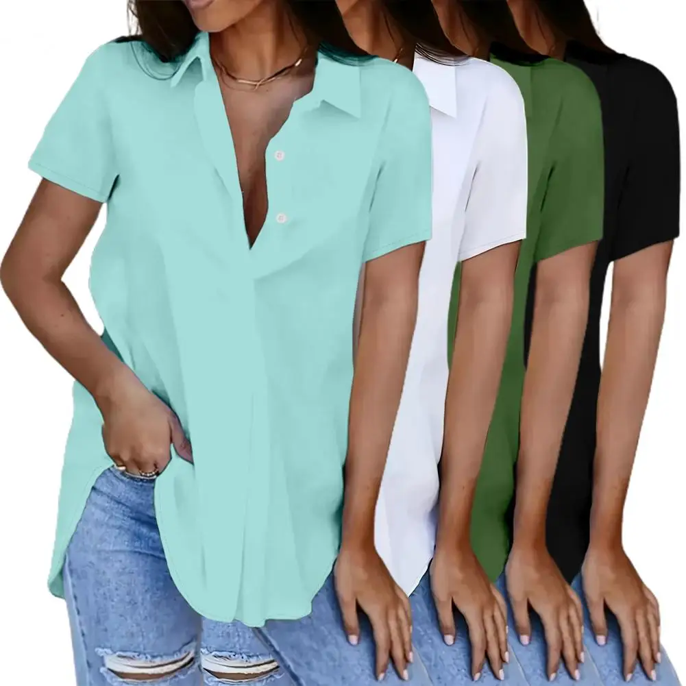 Pulôver feminino solto de manga curta, camisa com decote em v, decote básico, blusa de escritório, tops elegantes femininos, verão