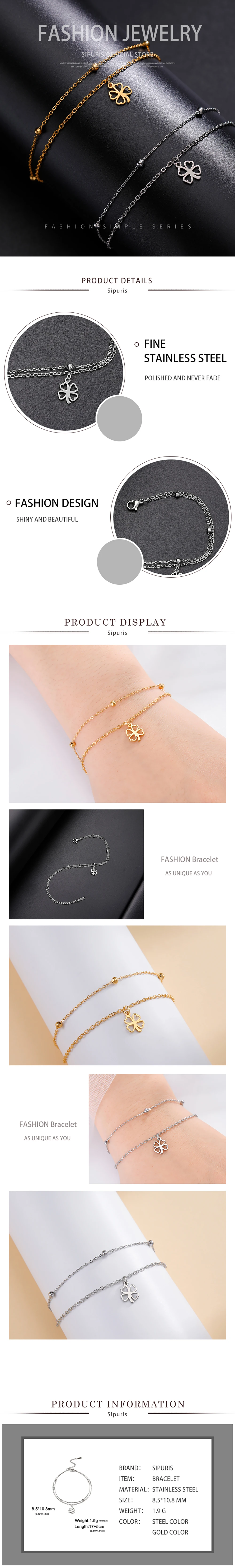 Sipuris Vierblättriges Kleeblatt-Armband für Damen, Edelstahl, trendiges Doppelketten-Glücksbringer-Anhänger-Schmuckstück, Weihnachtsgeschenk – Detail 5