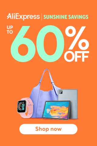 AliExpress Sunshine Savings banner featuring top deals on tech gadgets, smartphone accessories, and trending products with limited-time discounts