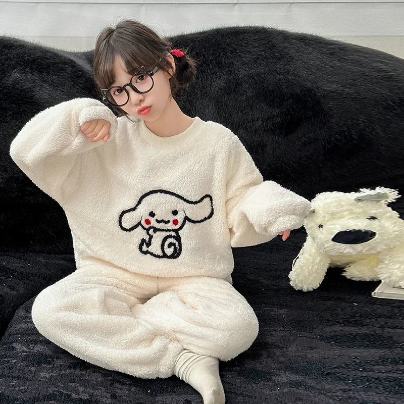 Cartoon Yugui Dog Pajamas Winter Children's Women's Pajamas Crew Neck Coral Fleece Warm Two-piece Set New Sanrio Loungewear