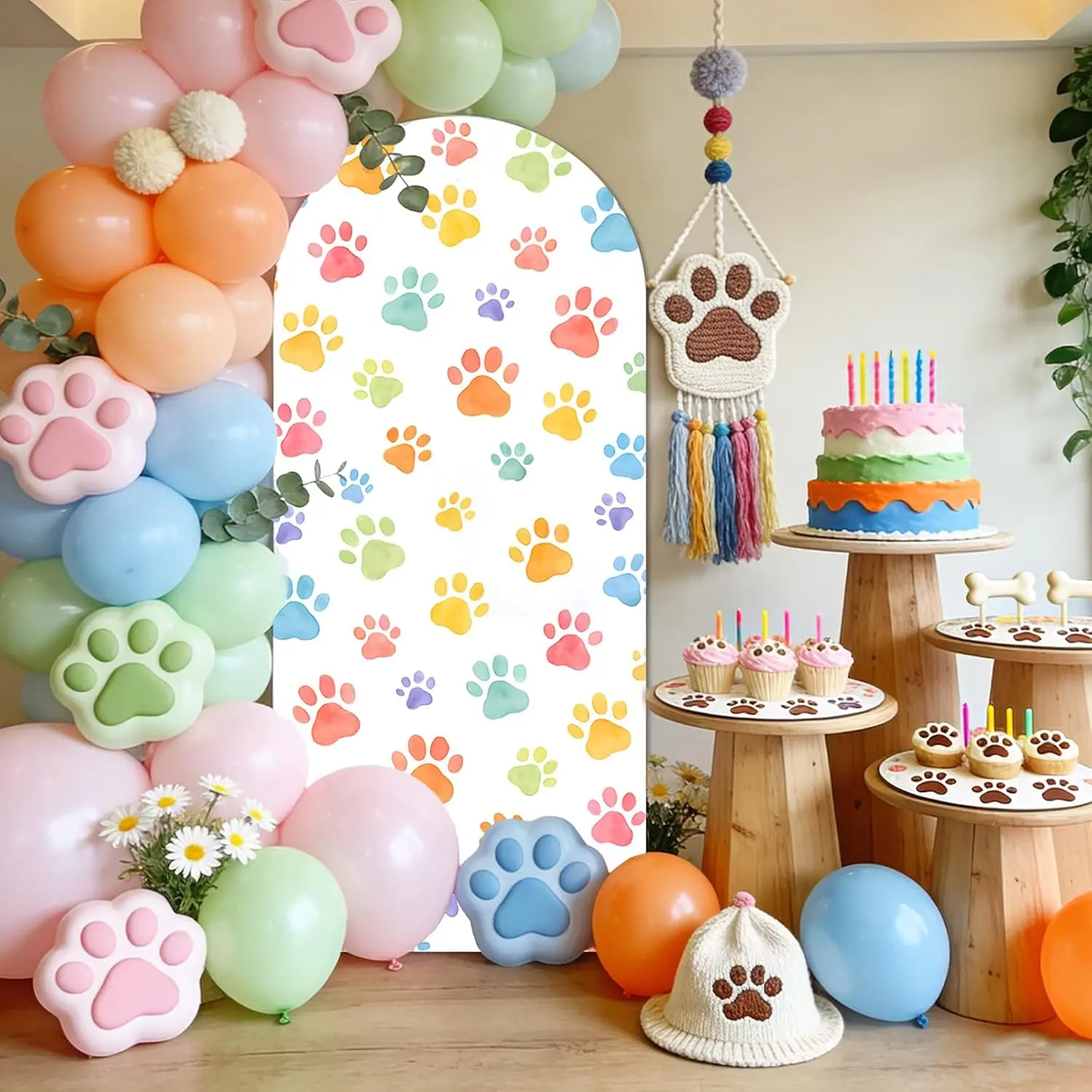 Custom 2-sided Puppy Dog Paw Arch Backdrop Cover Colorful Pet Paw Print Background for Birthday Wedding Baby Shower Party Props