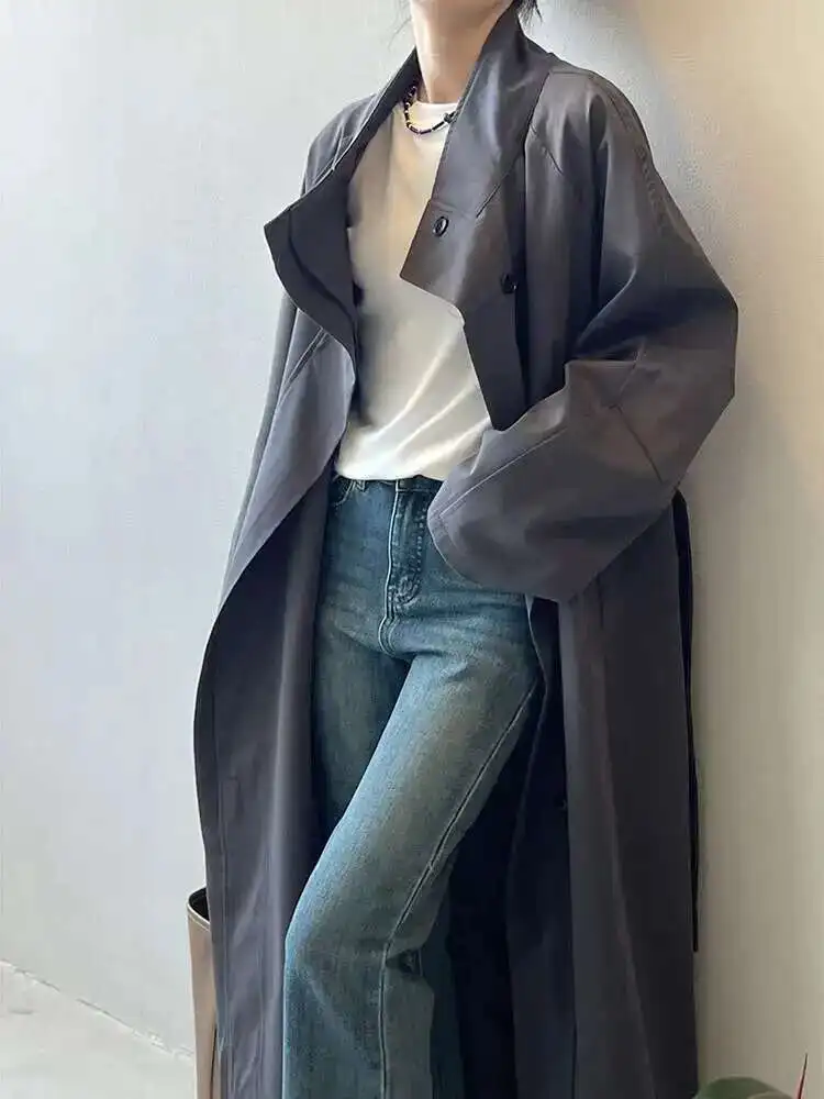 BJTZ Stojący kołnierz Długa kurtka wiatrówka dla kobiet 2024 Jesień Prosty pojedynczy piersi Luźny płaszcz biurowy Lady Temperament