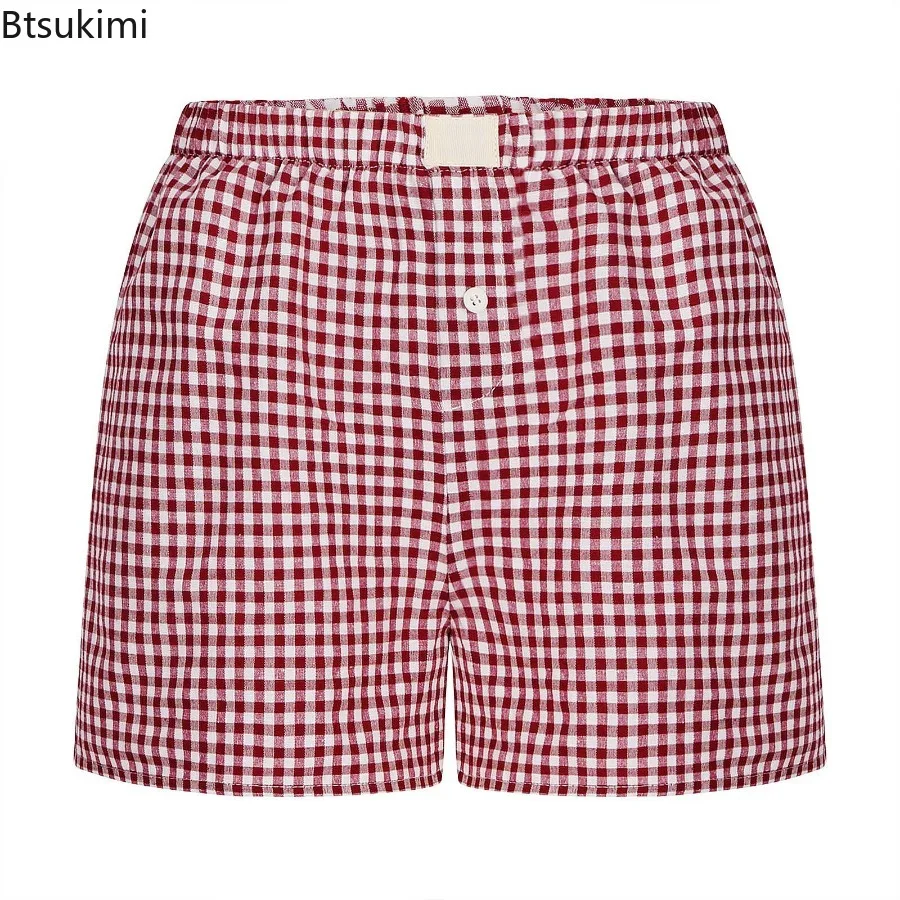 

2024 Summer Women's Plaids Pajama Shorts Loose Casual High Waist Wide Leg Home Lounge Wear Ladies Vintage Soft Sport Short Pants