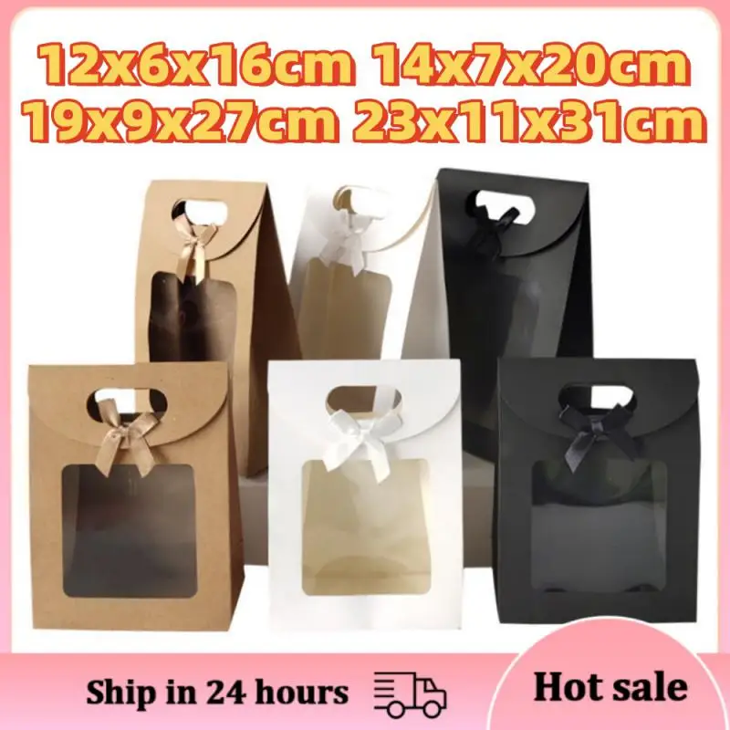 Kraft Paper Gift Bag With Clear Window Black/White Gift Bags With Handle Candy Biscuits Cake Packing Box Eid Mubarak Christmas