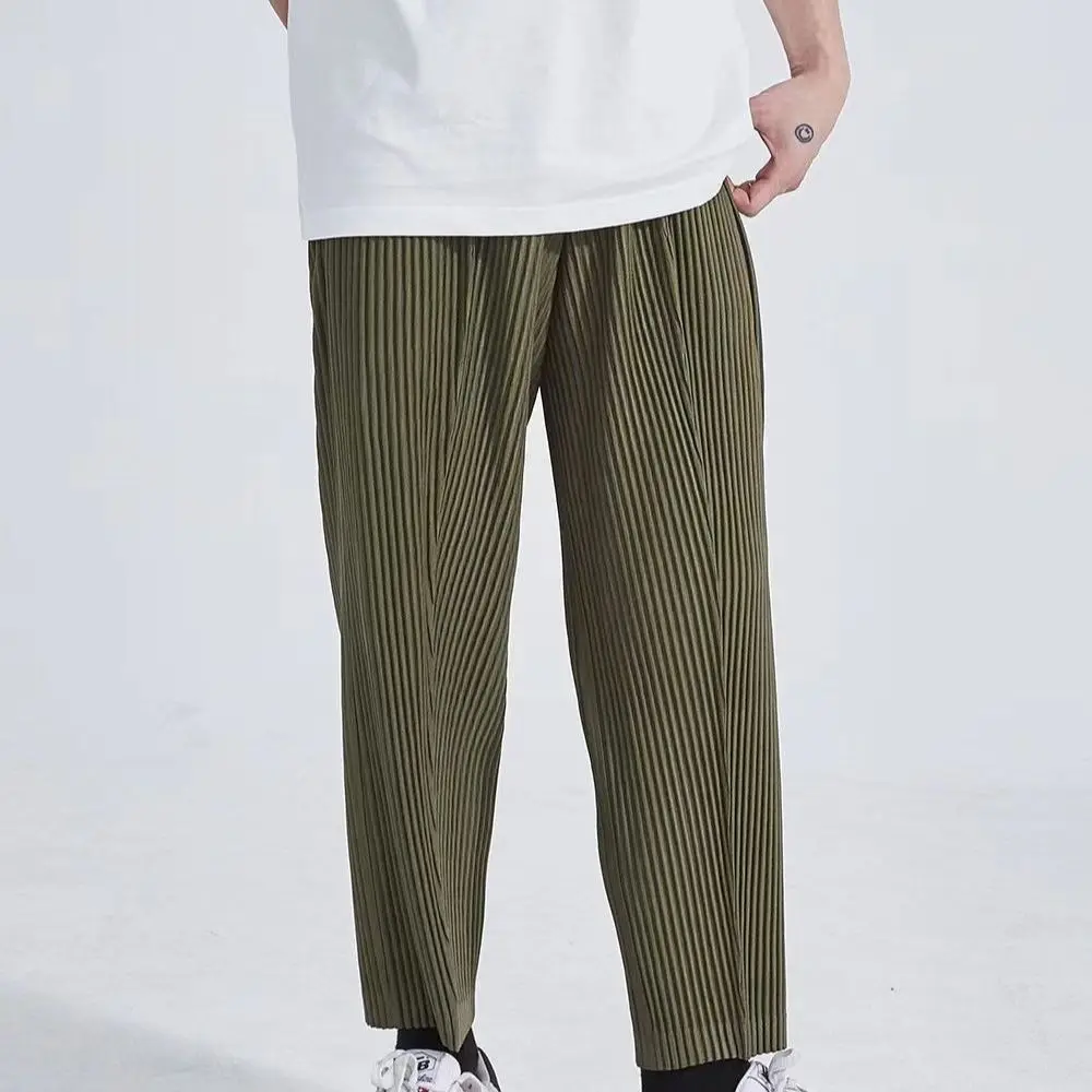 Pleats Pleated Original Pants Men's Pressed Line Harlem Trousers Elastic Waist Mid-seam Pants Loose Casual Nine-minute Pants