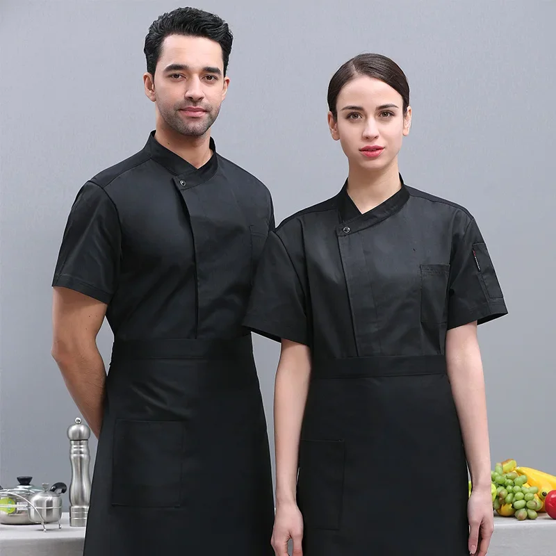 Camisa de Chef con botones, ropa de cocina Unisex, camarera, panadería, uniforme de café, Catering, uniforme de trabajo, camisa de Chef para hombres, negro, verano