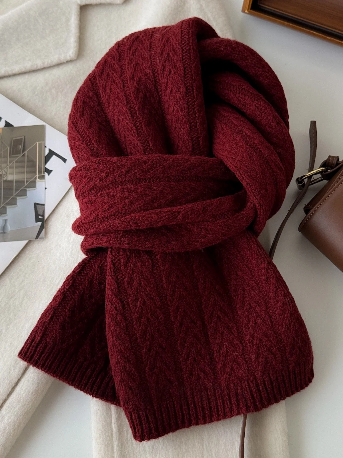 アンケラレッド-00-オーストラリア産ピュアウールスカーフ-レディース-冬-ファッション-ニットスカーフ-韓国風-暖かさ-長さ60cm-幅2cm