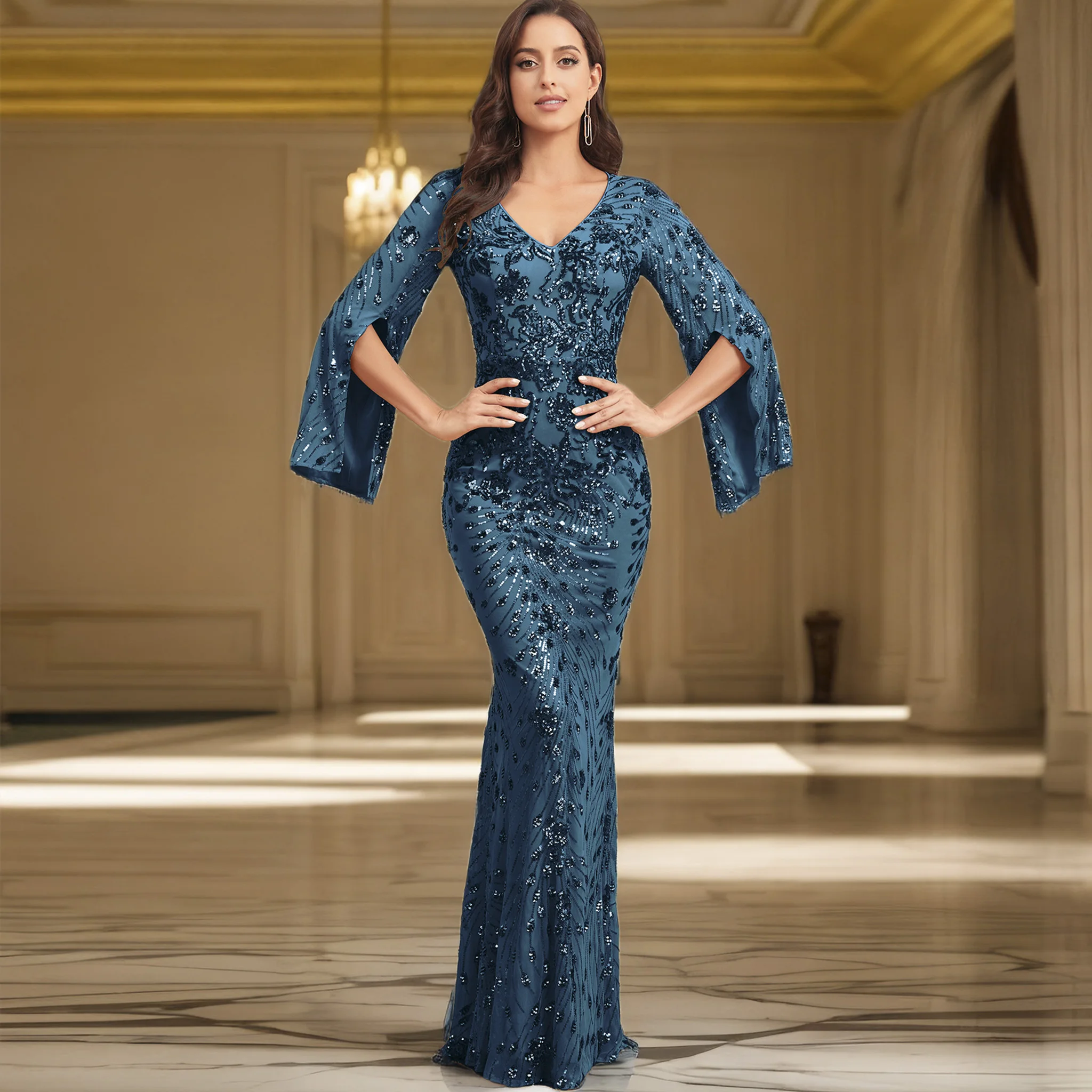 

Rosymae Glitter Mermaid Dress Long Sleeve V-Neck Formal Gown for Mother of the Bride Elegant Evening Wedding Guest Dress