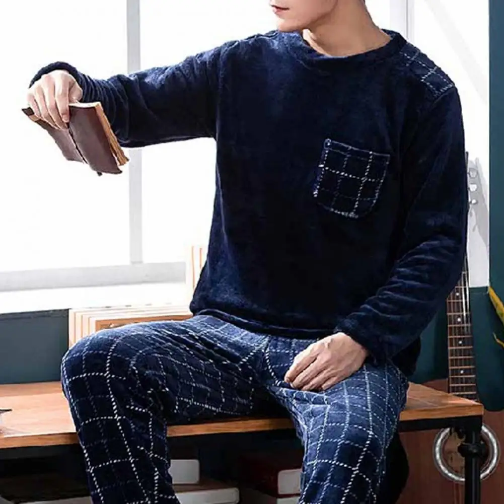 2 Pcs/Set Casual Men Long Sleeve Nightwear Set Two-piece Nightwear Set Thick Warm Flannel Pajama Sets Homewear Clothes