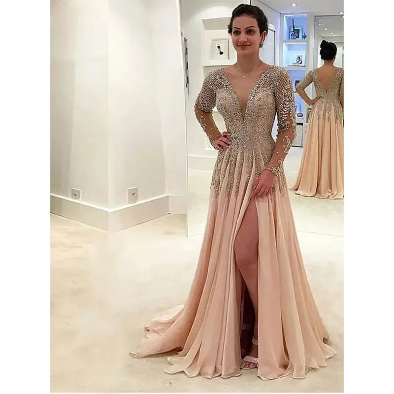 Sparkling Beading Long Sleeve Evening Dresses A-Line Side Slit V-Neck Chiffon Backless Floor Length Party Prom Gown