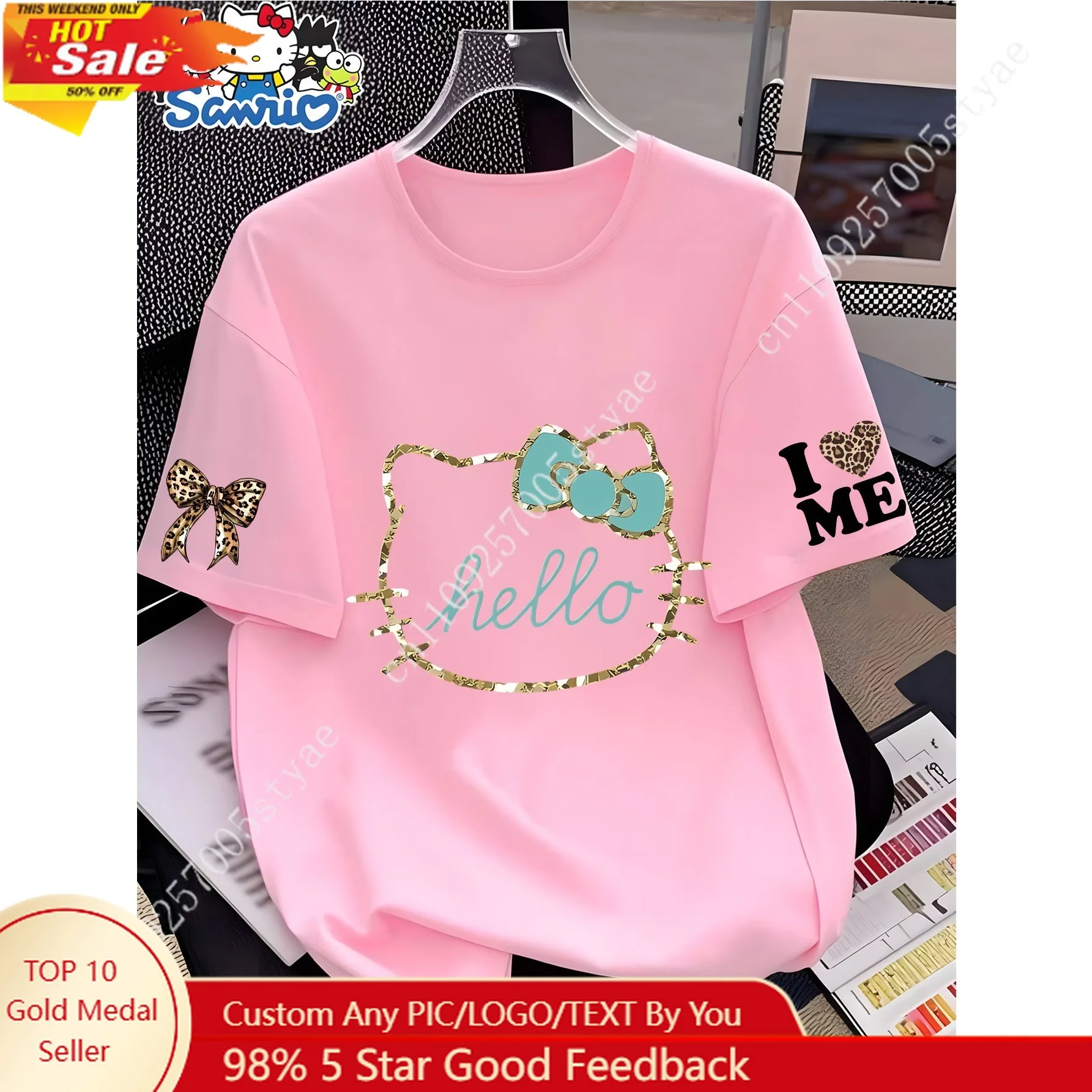 

Women's Hello Kitty T-Shirt Iconic Short Sleeve Round Neck Loose Fit Blouse Suitable for Daily Wear Home Outfits Machine Wash