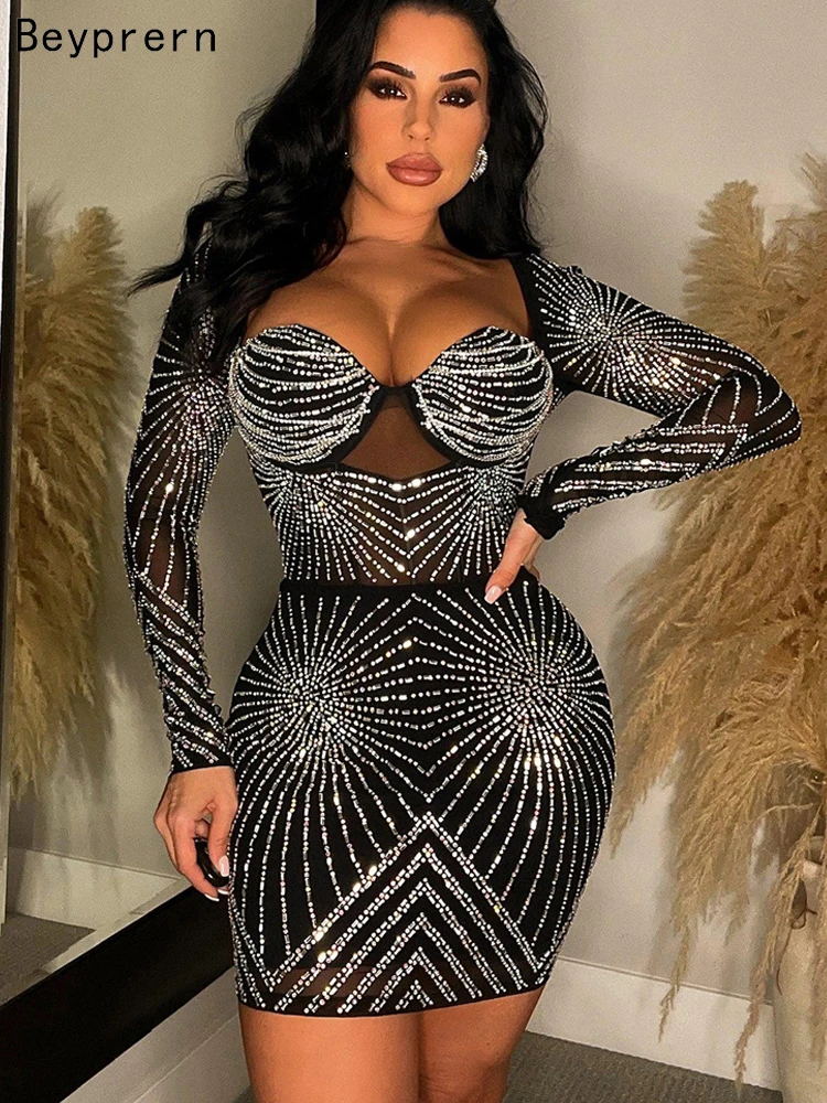 Beyprern Luxury Geometric Black Rhinestone Short Party Dresses Robe Femme Women Elegant Sequin Bodycon Night Dress Sexy Clubwear