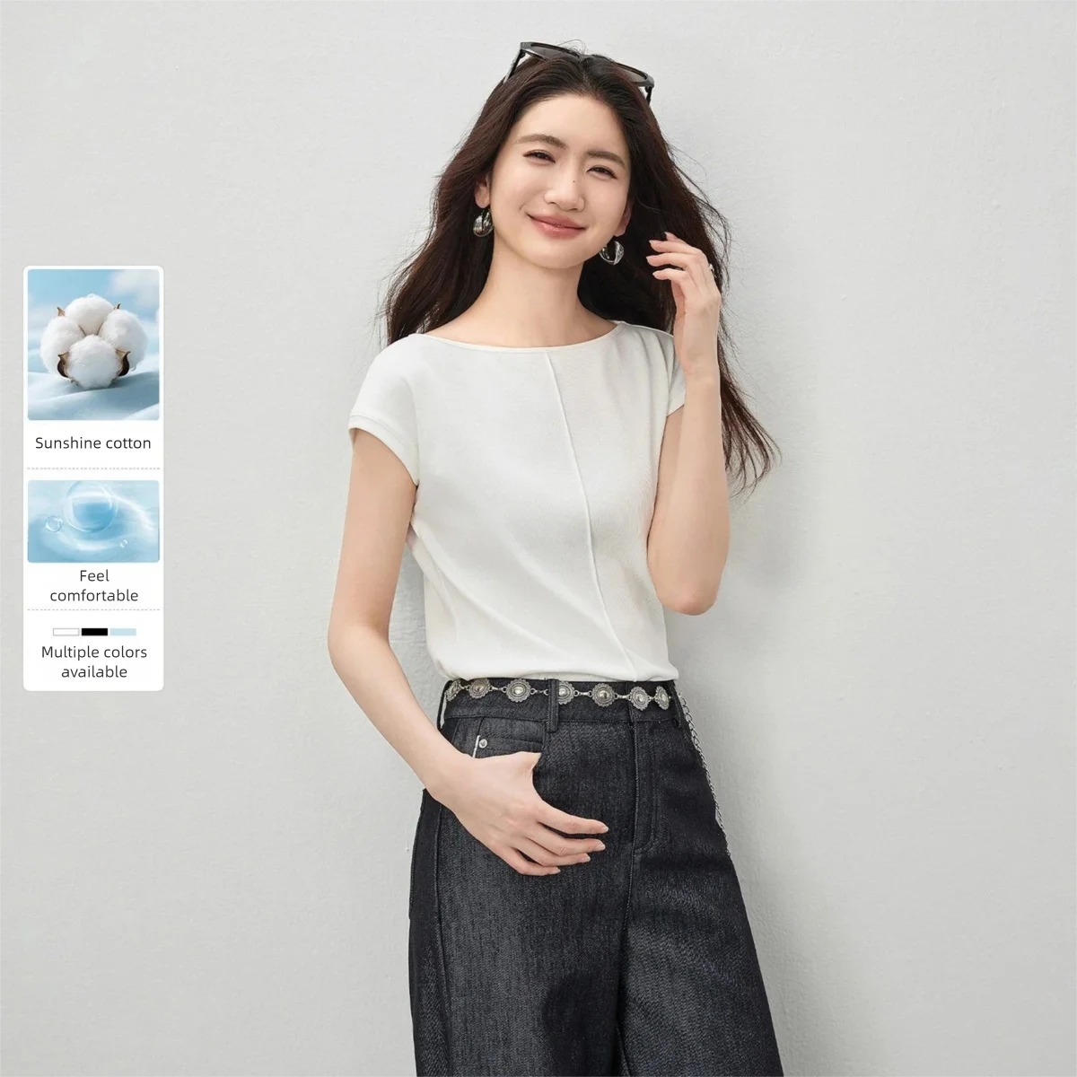 

SENTUBILA Women's Casual White T-Shirt 2026 Summer Square Neck Square Neck Knitted Design Short Sleeve Tops Minimalist 162TA6631