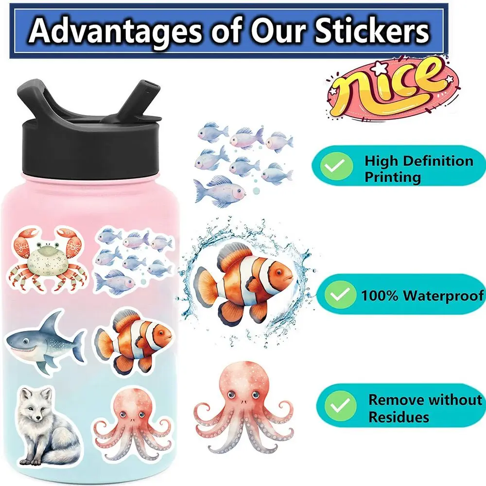 10/50PCS Cute Marine Sea Animal Cartoon Aesthetic Stickers Ocean Life Decals DIY Fridge Laptop Phone Diary Decoration Sticker