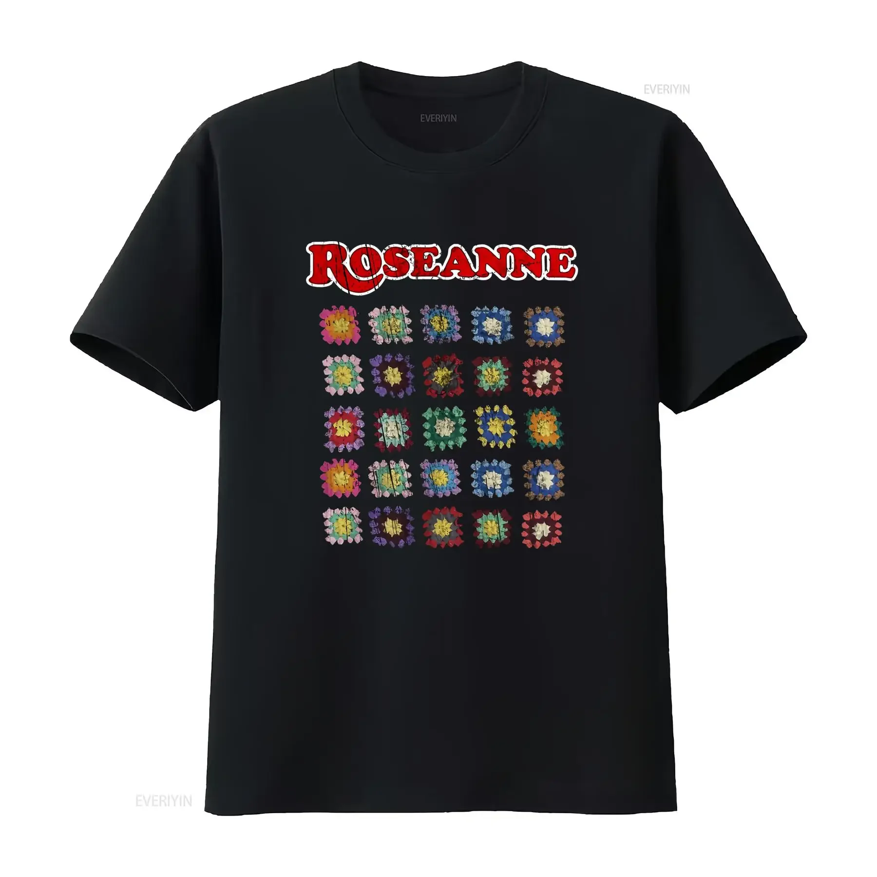 Vintage Retro Roseanne TV Show Colorful Crochet Granny Square Print Casual T Shirt vintage Washed Comfortable