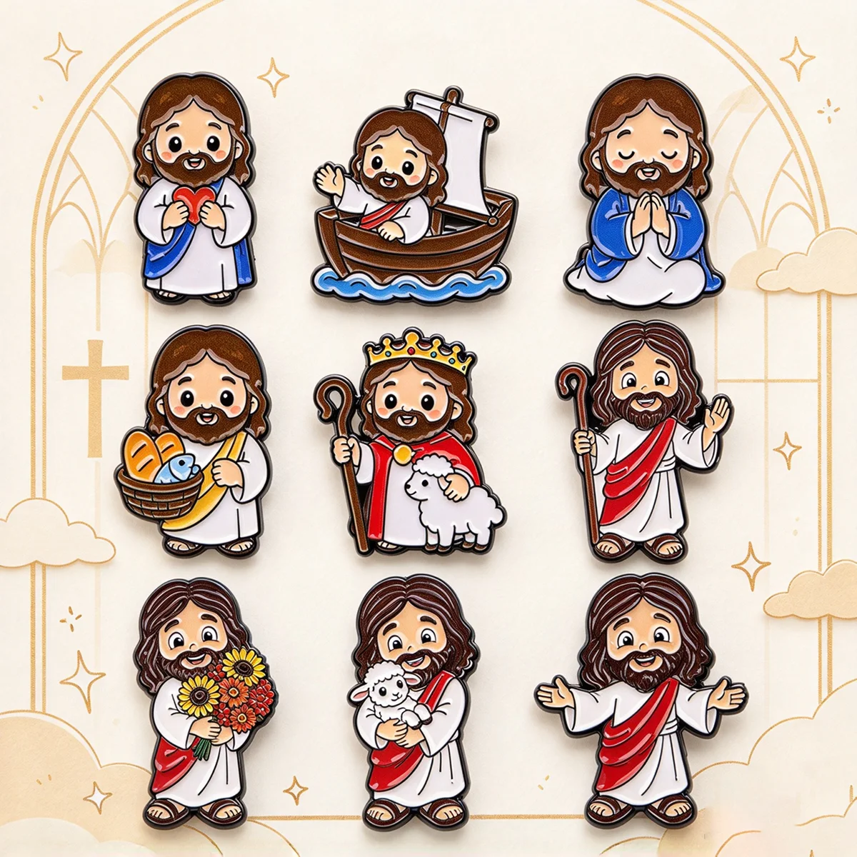 9-teiliges Set mit niedlichen Jesus-Broschen, Cartoon-Religions-Metall-Emaille-Anstecknadeln, Abzeichen für Rucksack, Kleidung, Accessoires, Schmuck, Geschenk für Freunde – Detail 5