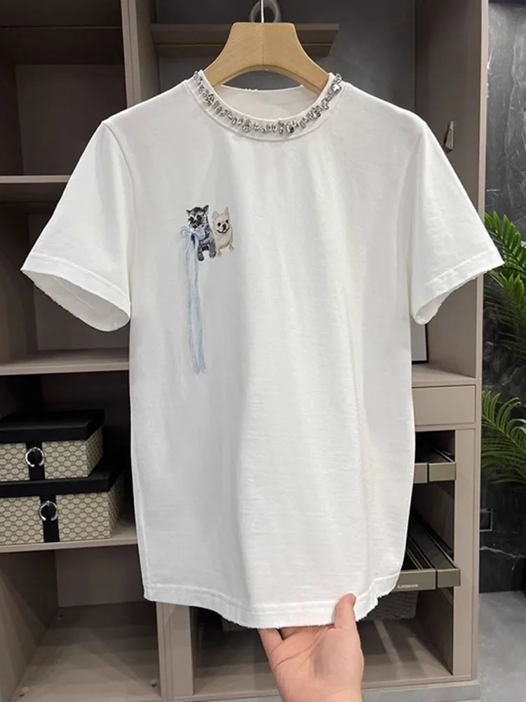 Camiseta informal con estampado de dibujos animados Kawaii para mujer, camisetas de manga corta con cuello redondo de diamantes, Jersey informal, camisetas cómodas