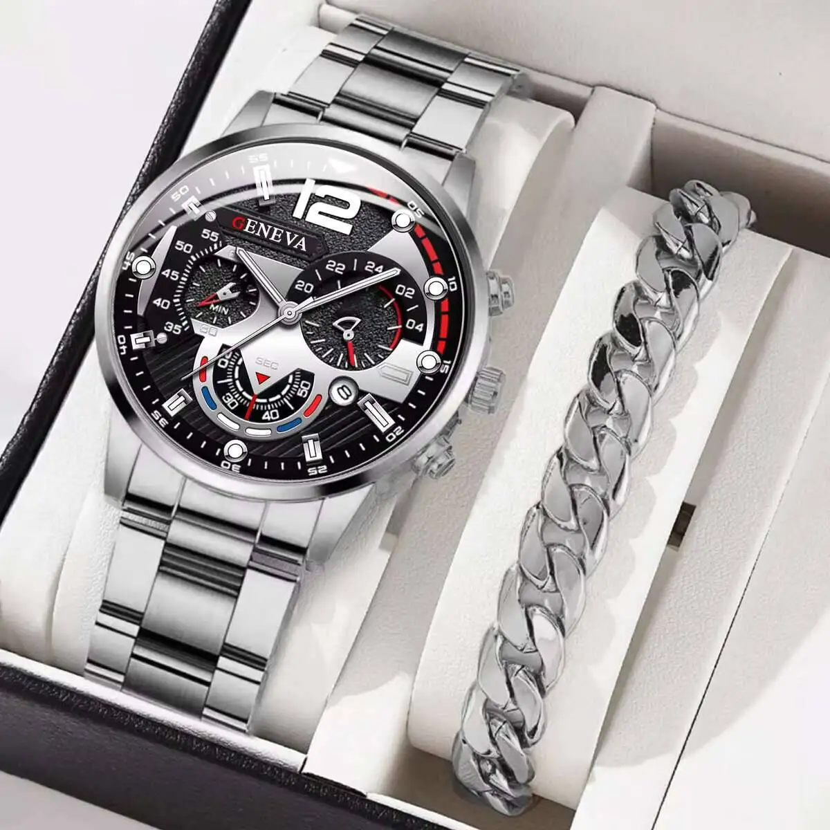 

Мужские серебристые кварцевые часы с браслетом из нержавеющей стали, набор мужских деловых часов, 2 шт. (без коробки)