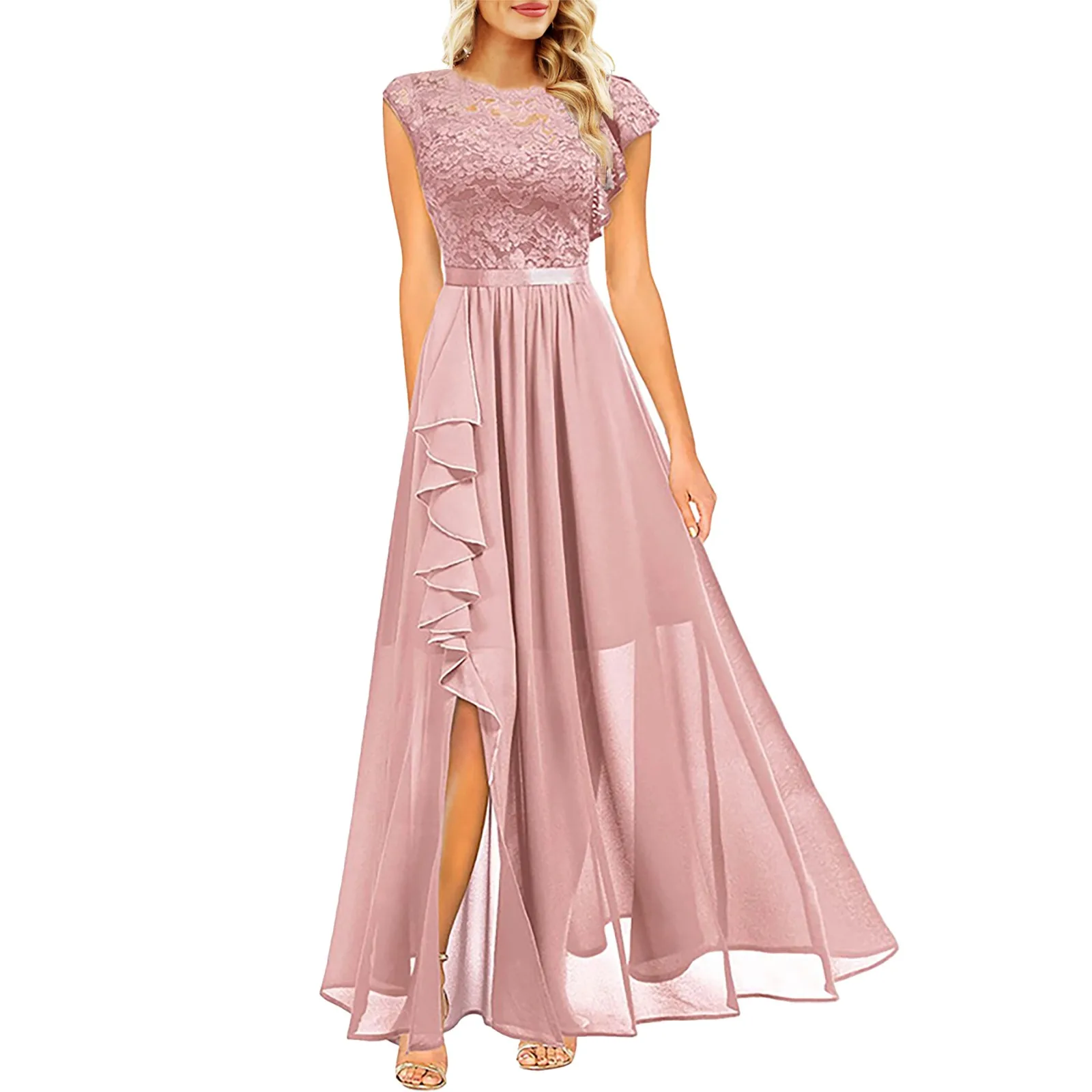 Damen kleid 2024 Rüschen lange florale Spitze Rundhals ausschnitt Seitens chlitz Maxi Prom Cocktail kleid Hochzeits gast Party kleid платье женское