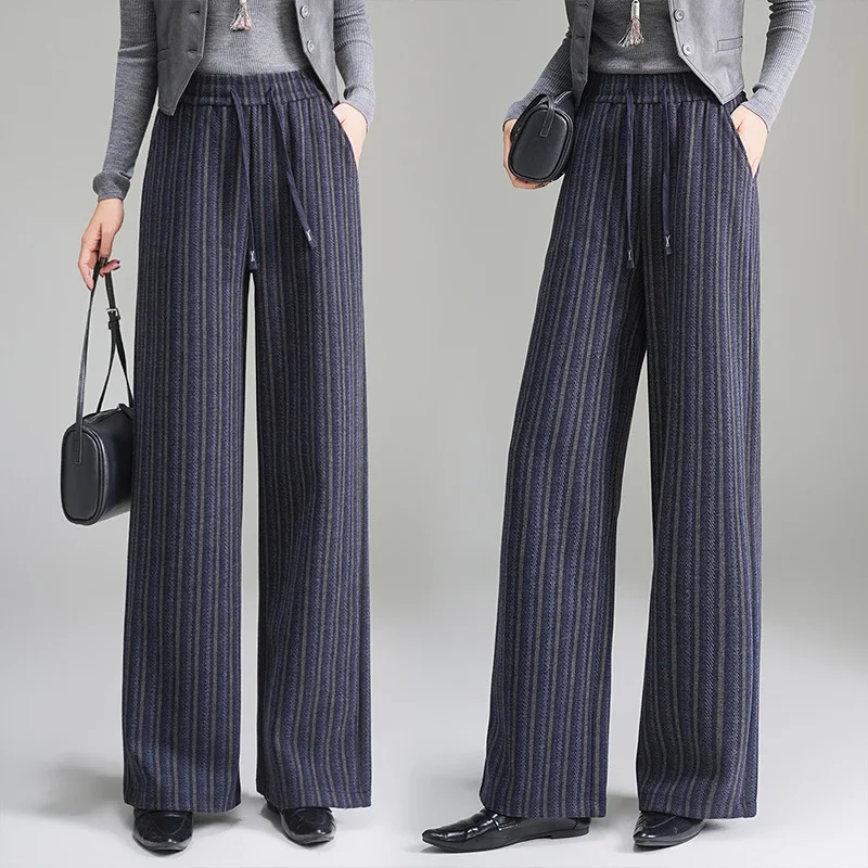 

Elegant Simple Striped Wide-Leg Pants for Women, Autumn New High-Waisted Belly-Covering Slimming Fashion Versatile Casual Pants