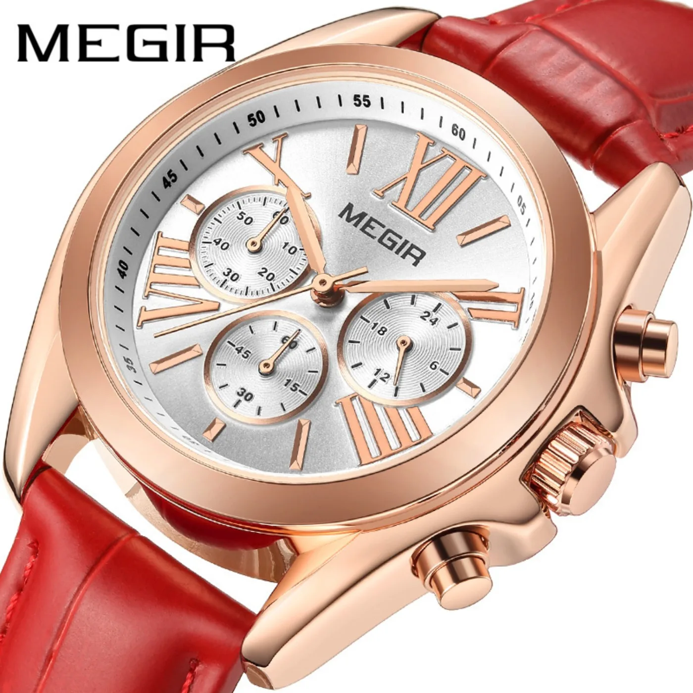 MEGIR New Luxury Leather Watch Women Female Top Brand Chronograph Quartz Wristwatch Lady Relogios Femininos Clock 2114 White view 2