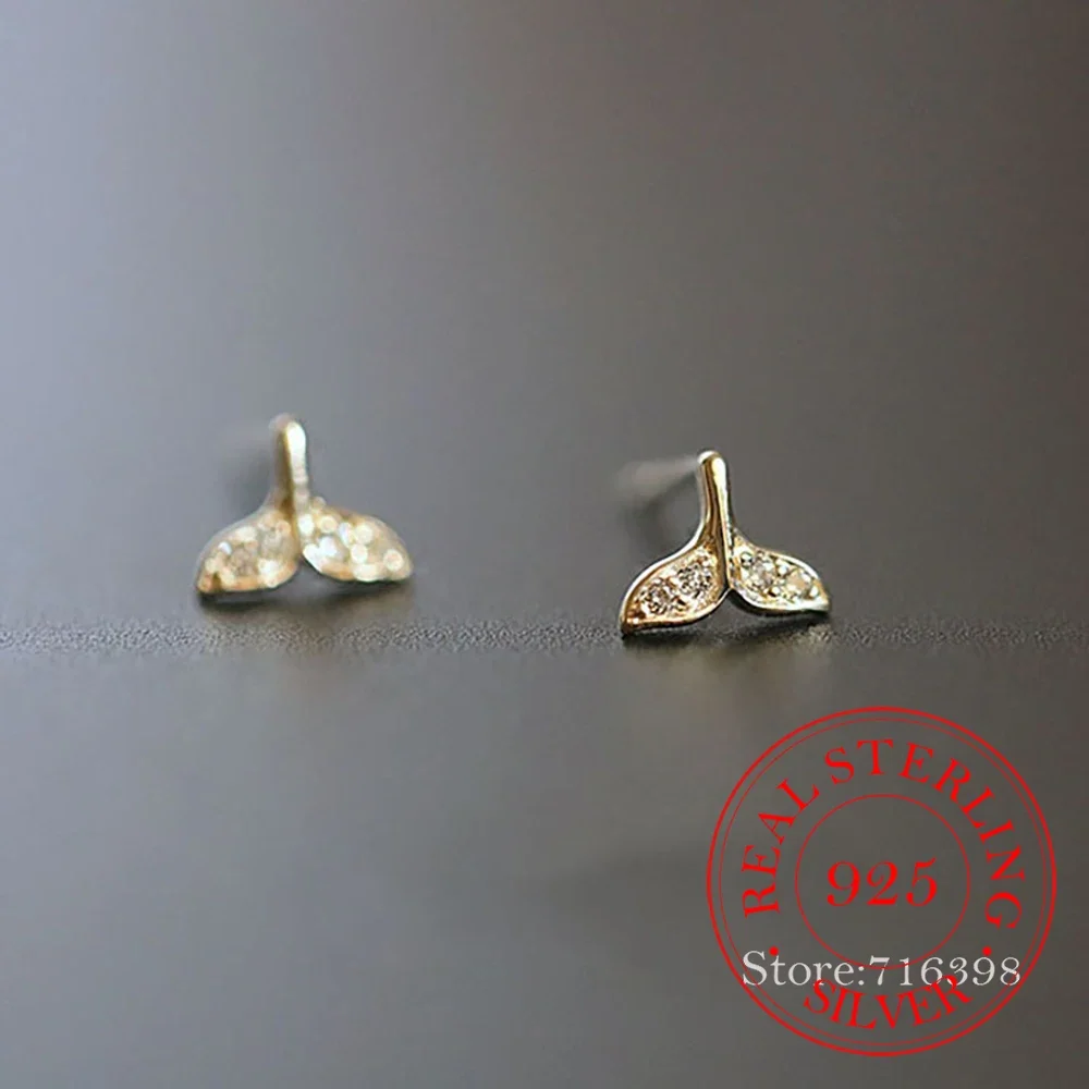 S925 Sterling Silver Mermaid Tail Stud Earrings For Women Kids 14K Gold Plated Ear Wedding Party Jewelry Gift Female Pendientes