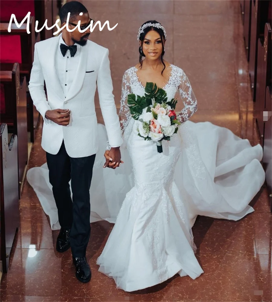 Suknia ślubna księżniczki syrenka z odpinanym trenem dostosowana dekolt w serek z długim rękawem koronkowa suknia ślubna zamkowa zroszony panna młoda wiejska