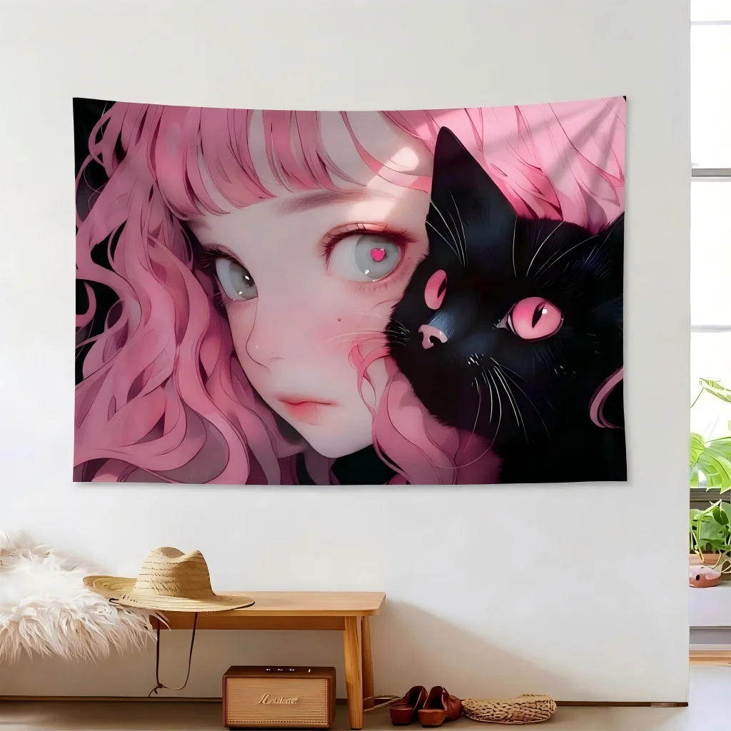 Pink Curly Hair Anime Girl With Black Cat Tapestry, Fantasy Wall Blanket, Dorm Bedroom Background Decor