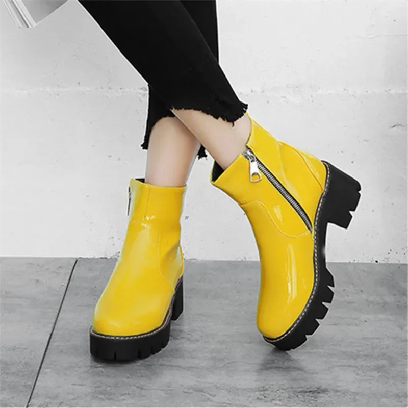 Punk Platform Мартин Сапоги Fashion Purple Yellow Black Patent Leather Ankle Boots 5.5cm Mid Heels Women's Shoes 32-43-2024