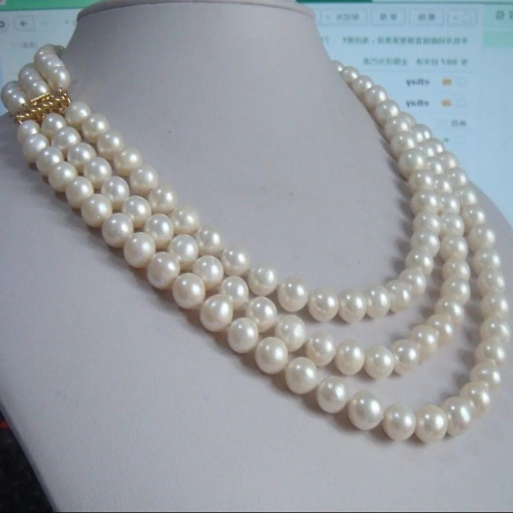 Hand knotted 3 rows necklace natural 7-8mm white freshwater pearl sweater chain nearly round pearl 17-19inch