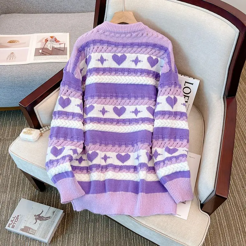 2024 Autumn/Winter New Women's Elegant Belly Covering and Slimming Lazy Striped Knitted Shirt