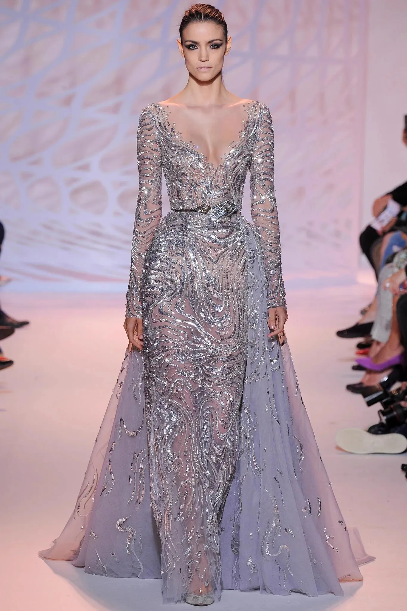 L320 New Zuhair Murad Sliver Long Sleeves V back   فساتين السهرة vestidos de fiesta  فساتين سهره evening dresses