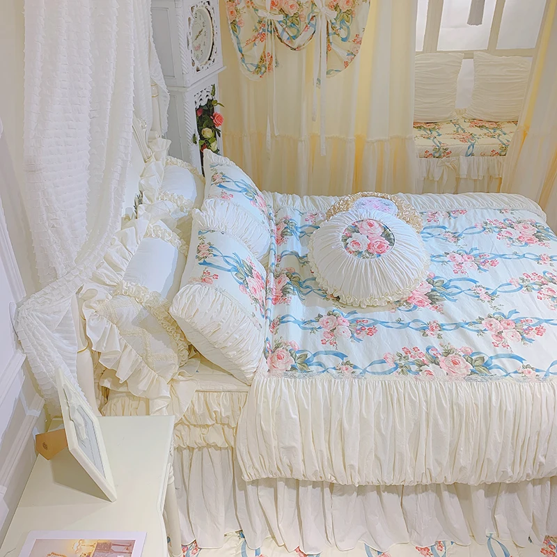 Four-Piece Cotton Milky White Garden Pleated PrintSkirt High-End Pastoral European Bedding Bedspread-Style Four SeasonsUniversal