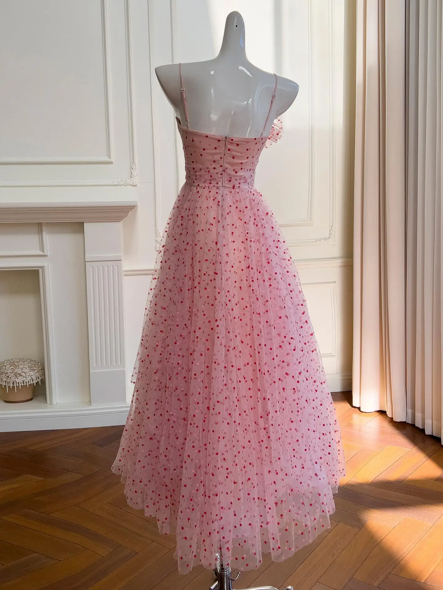 Vestido largo de tul rosa dulce Ele Strapl Dr, tela de mezcla de lana bordada de cintura alta, temporada de otoño, Faion Ladies Dr