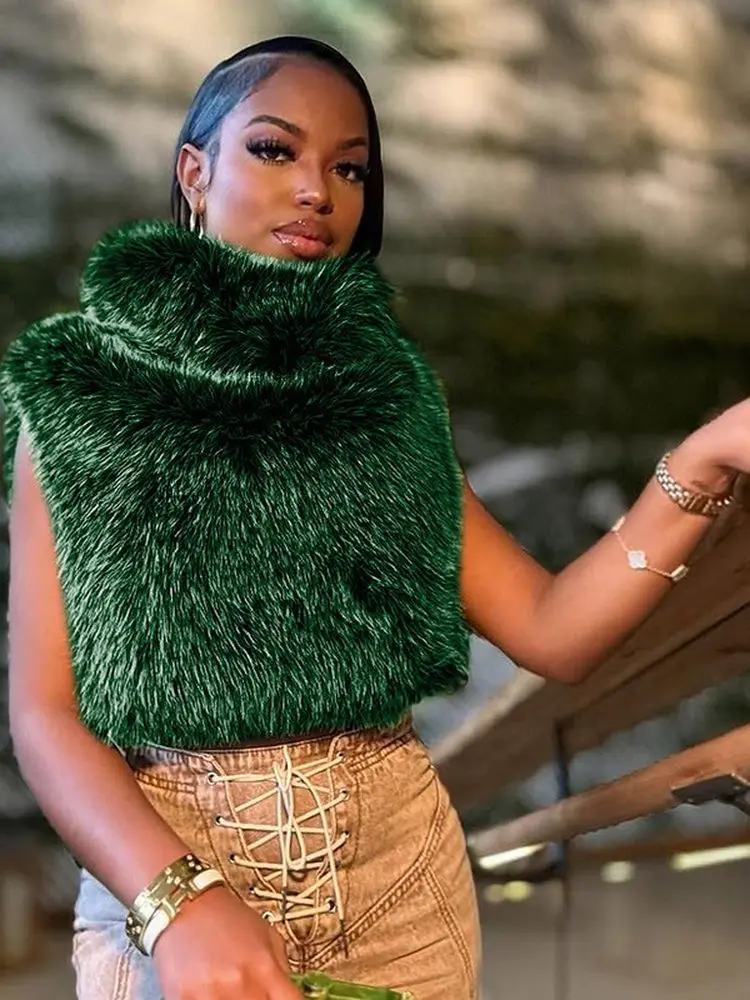 

Green Faux Fur High Collar Sleeveless Vest Women's Fashion Autumn Winter Warm Short Chain Link Top European Style Short Length