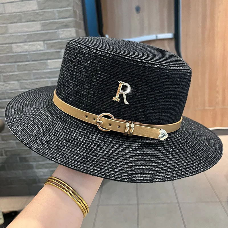 Luxury Designer Summer Panama Reinstone R Letter Belt Buckle Flat Top Sun Hat Lady Travel Sunshade Big Brim Straw Hats Fedora