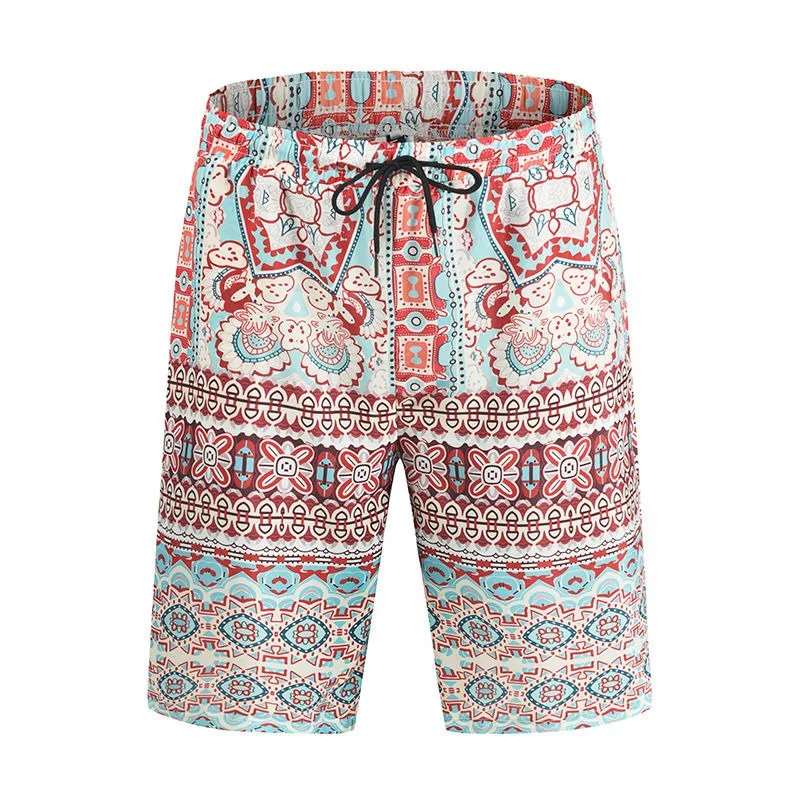 

Hawaiian Men Beach Short Pants Large Size 3XL Knee Length Pant Boho Cute Pattern Print Elastic Waist Drawstring Summer Casual