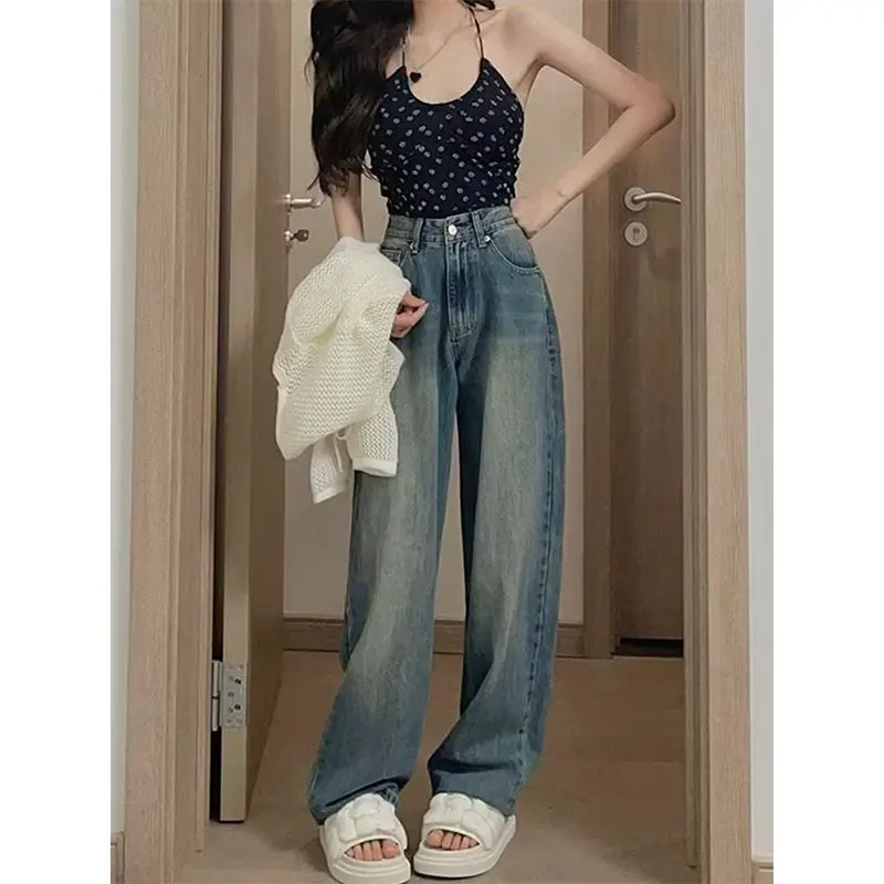 

Korean Style Jeans Women's Blue New Niche Loose Jeans with Wide Legs Casual Straight High-Waisted Trousers Pants